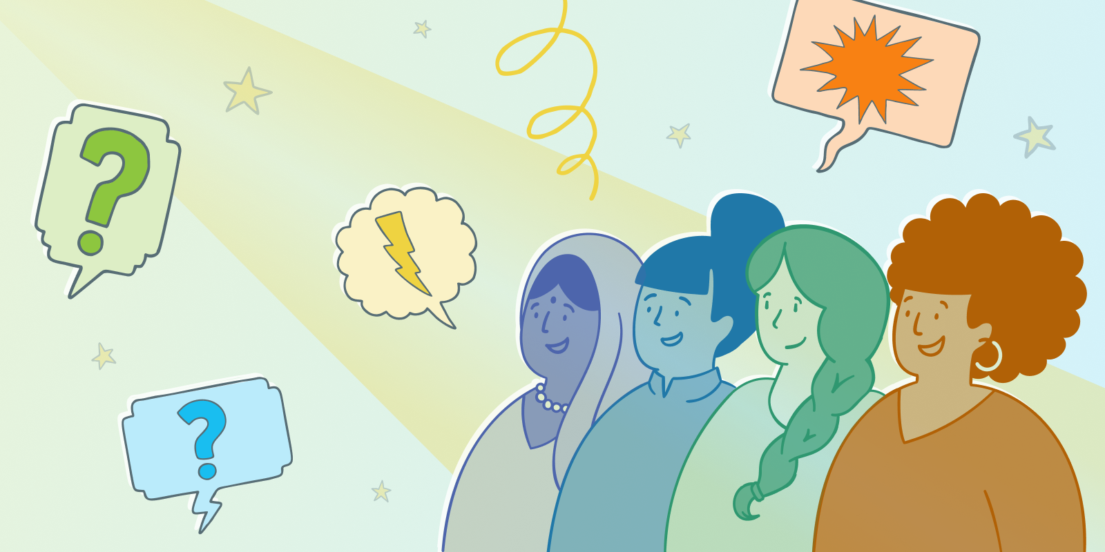 a playful illustration depicting four diverse women in a spotlight beam, with stars and q&a speech bubbles scattered around