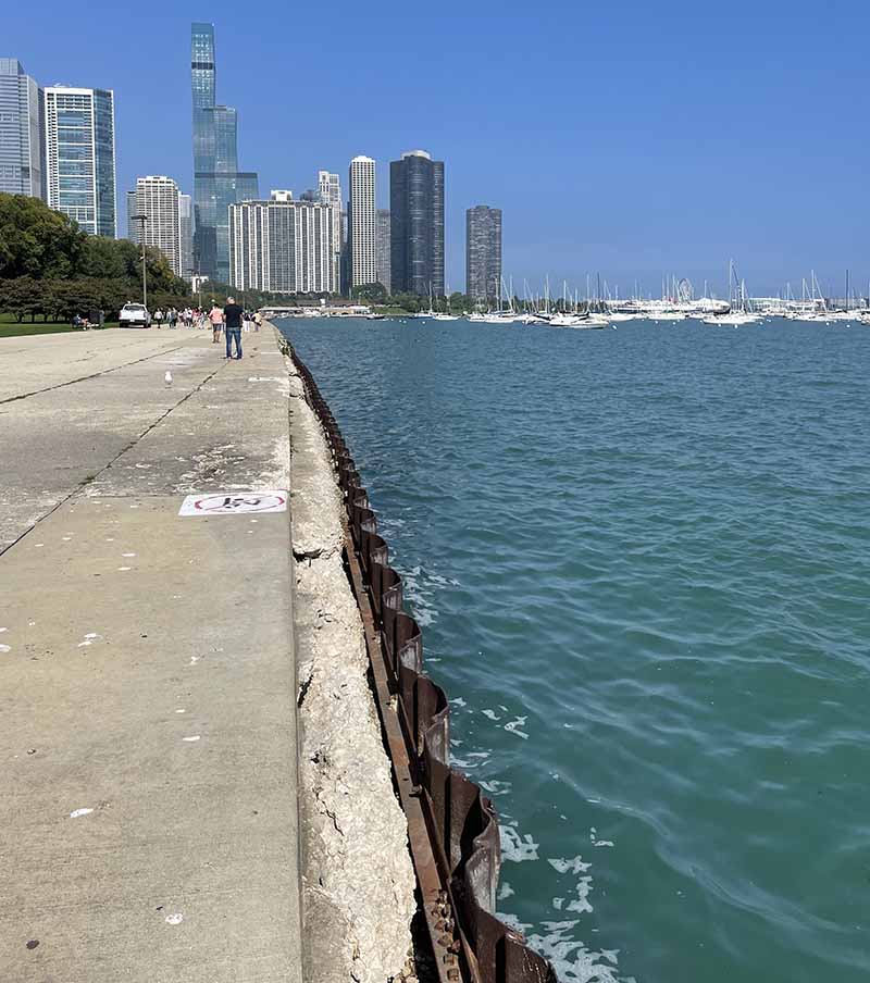 The City of Chicago installed steel sheet piling along the shores of Lake Michigan to prevent erosion as a result of rising water levels and storm-surge outcomes.