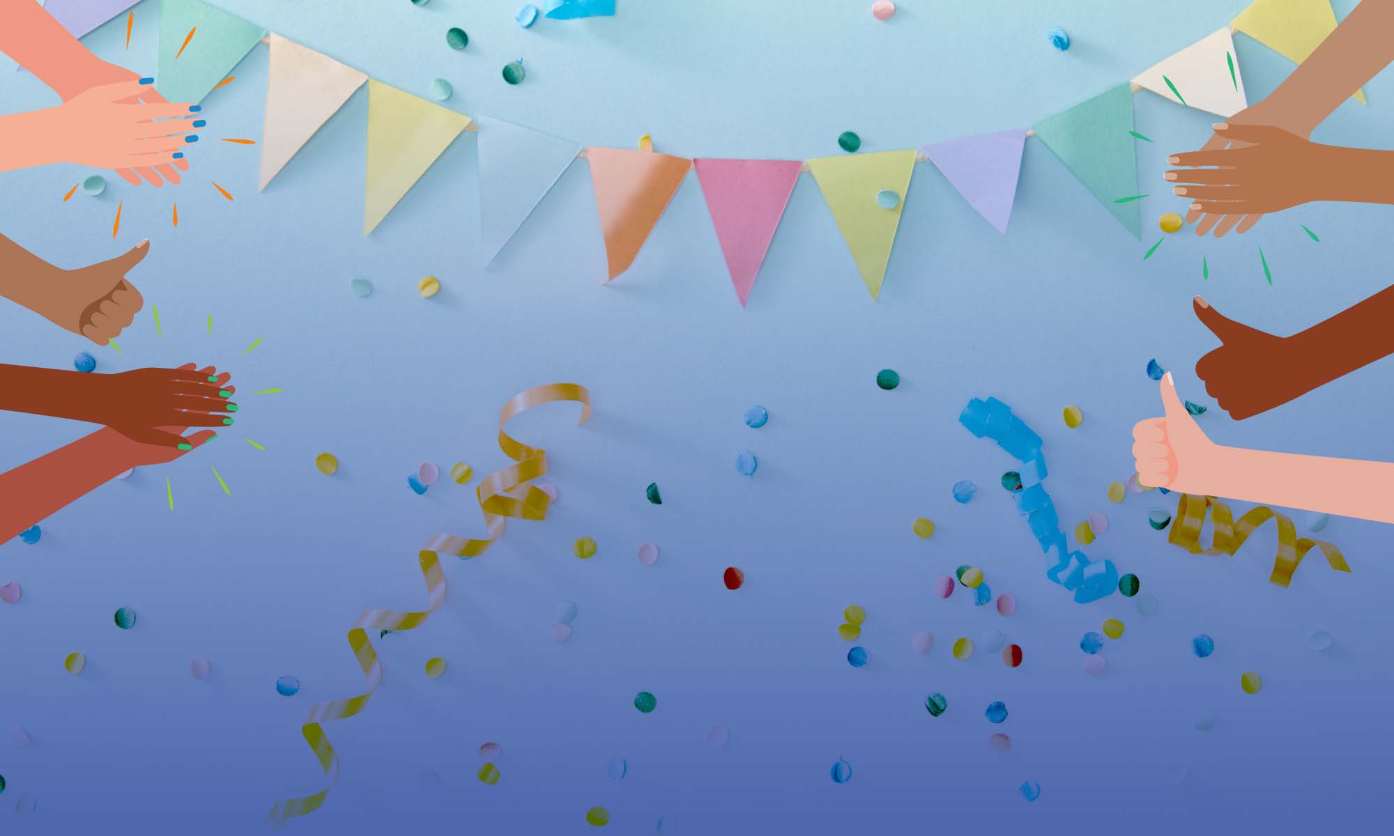 illustration of celebratory confetti and hands clapping and giving a thumbs up