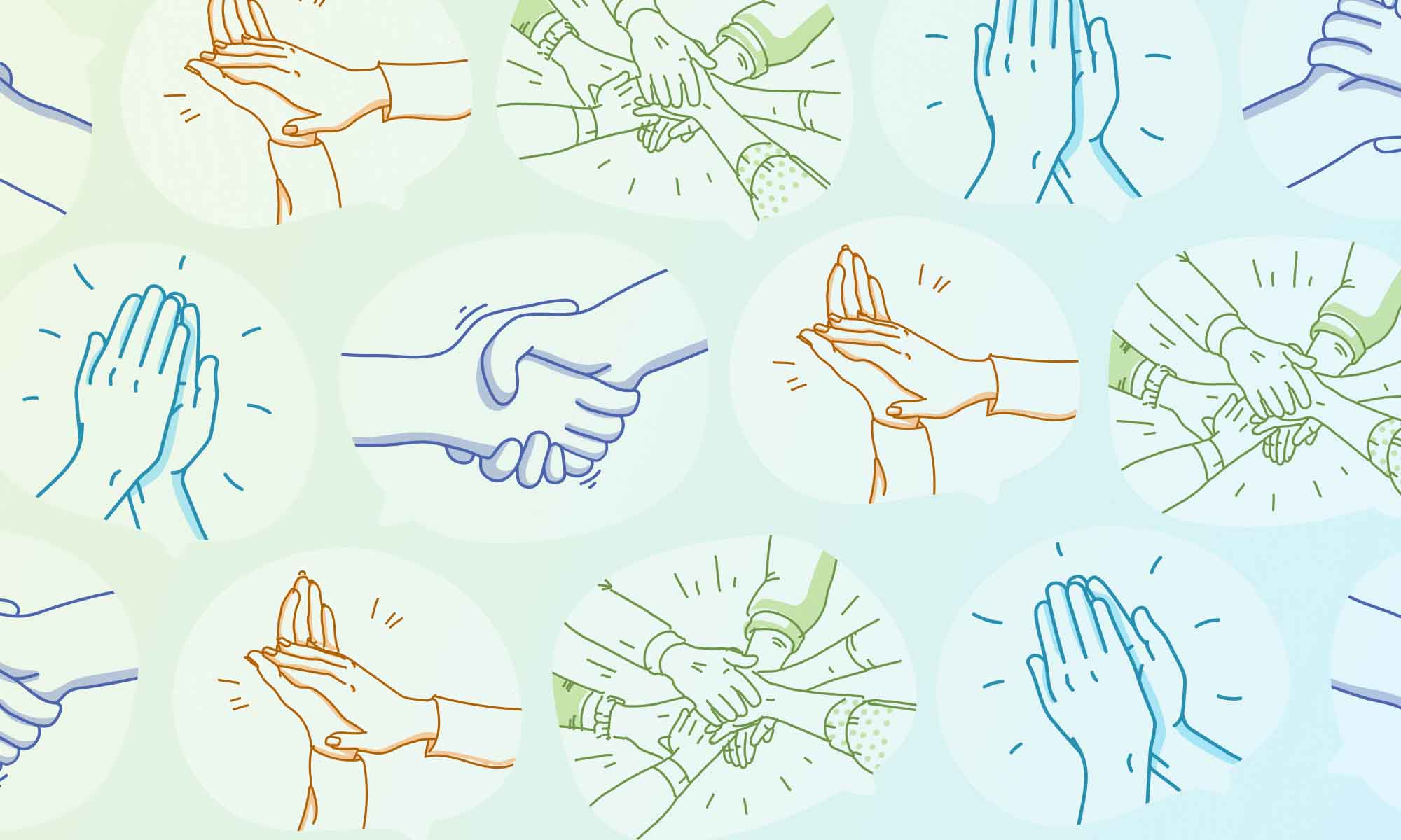 illustration of speech bubbles with hands clapping, shaking and high fiving inside of them