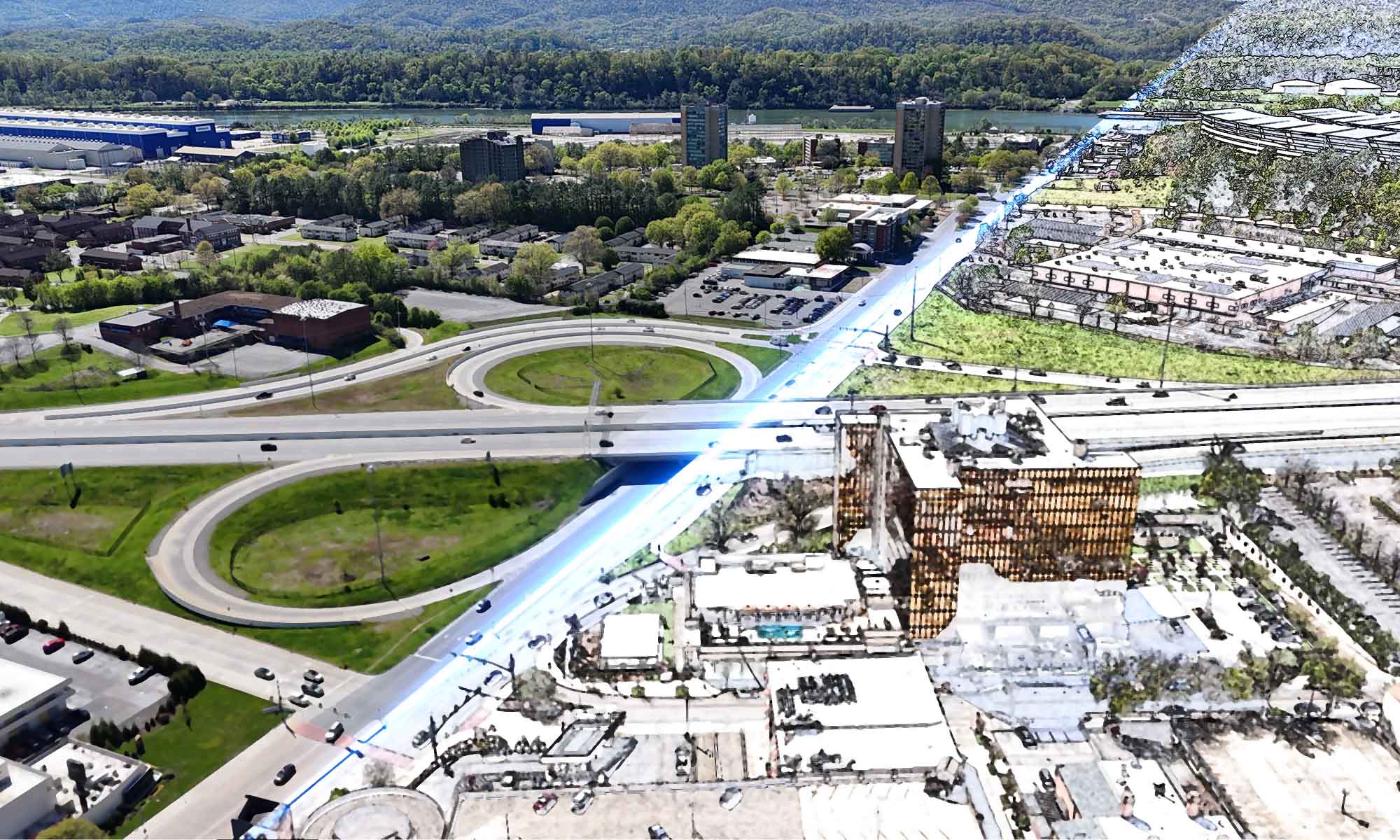 Split image of an aerial photo of a highway and connecting roads, one half looks like a digital rendering