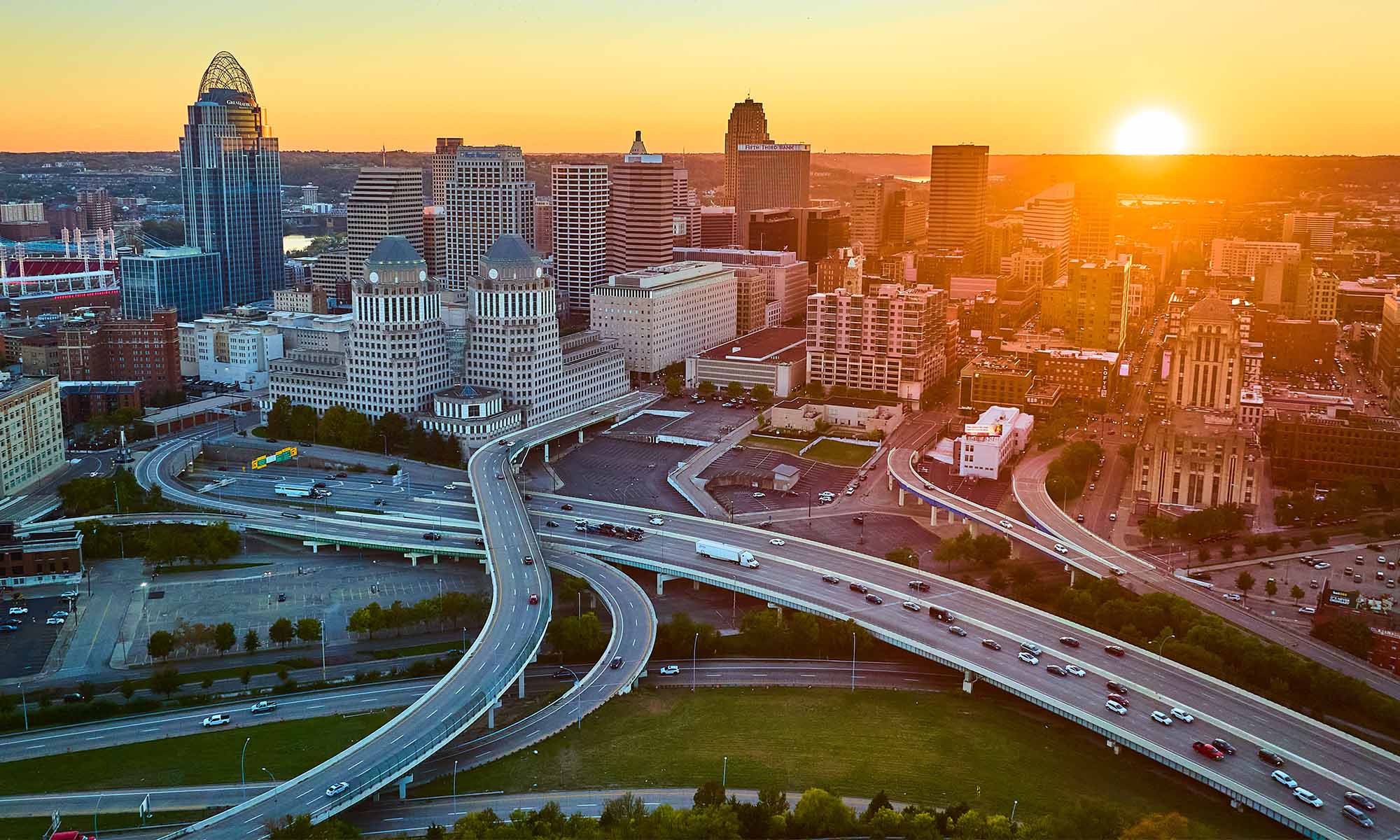 Aerial shot of a highway in Ohio at sunset