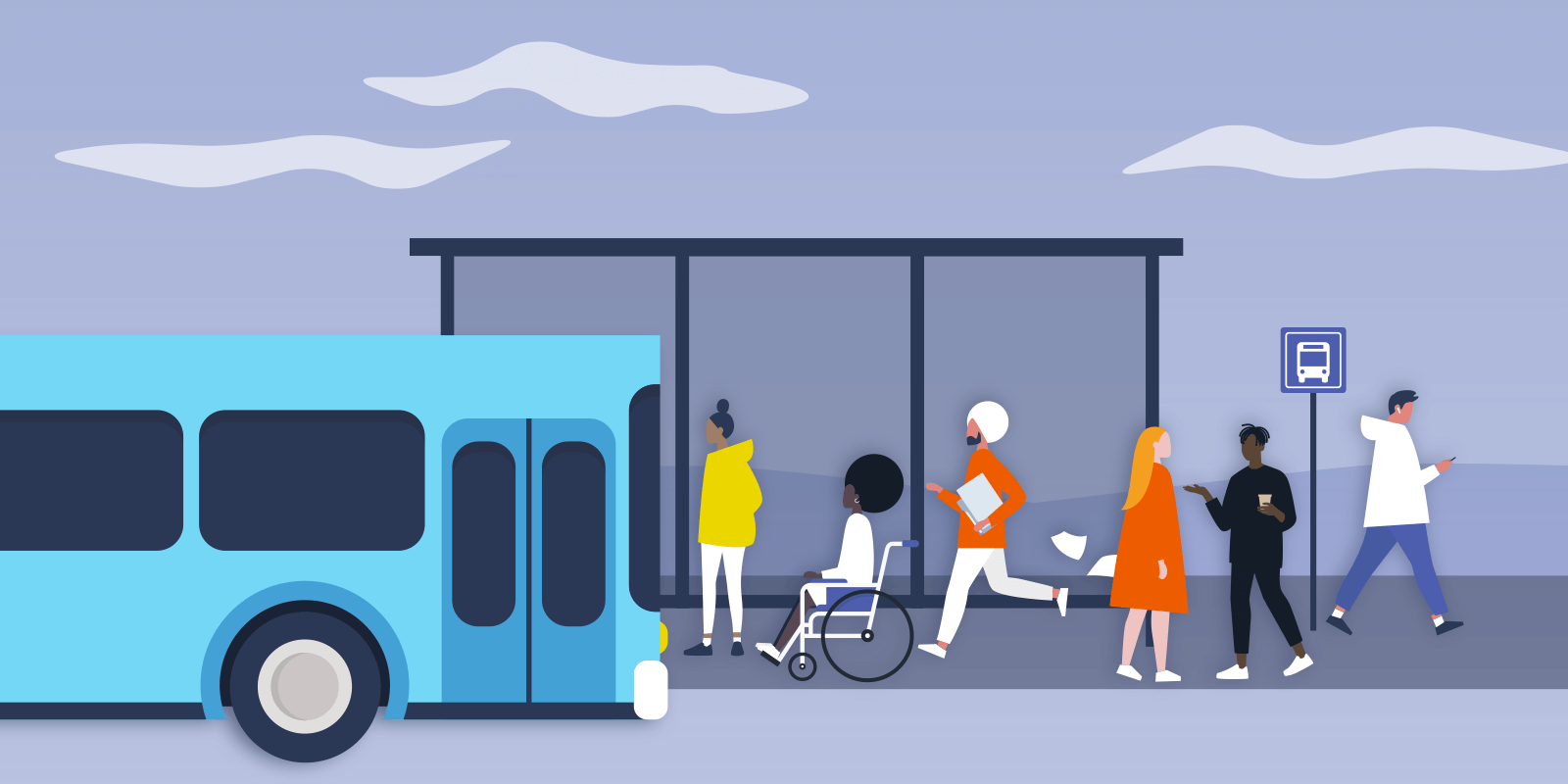 Illustration of a diverse group of people at bus stop