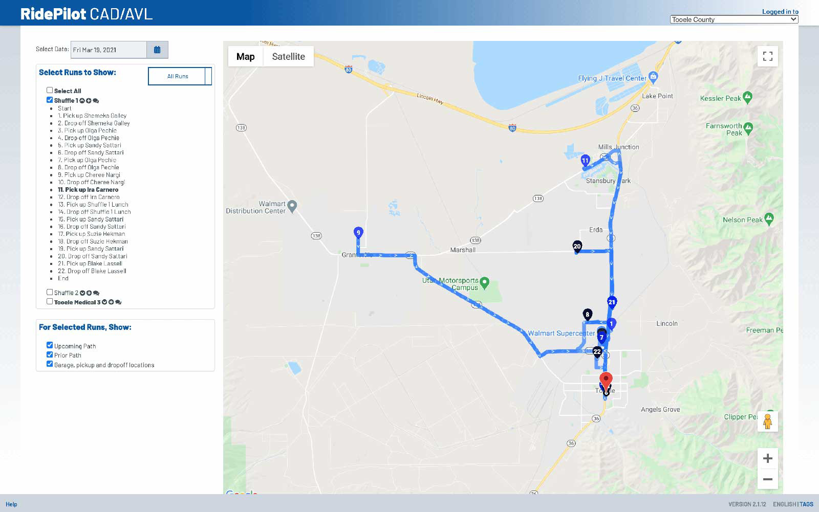 Computer-Aided Dispatch/Automatic Vehicle Location functionality: RidePilot shows the series of scheduled pickups and drop-offs that a vehicle makes through the course of a run.