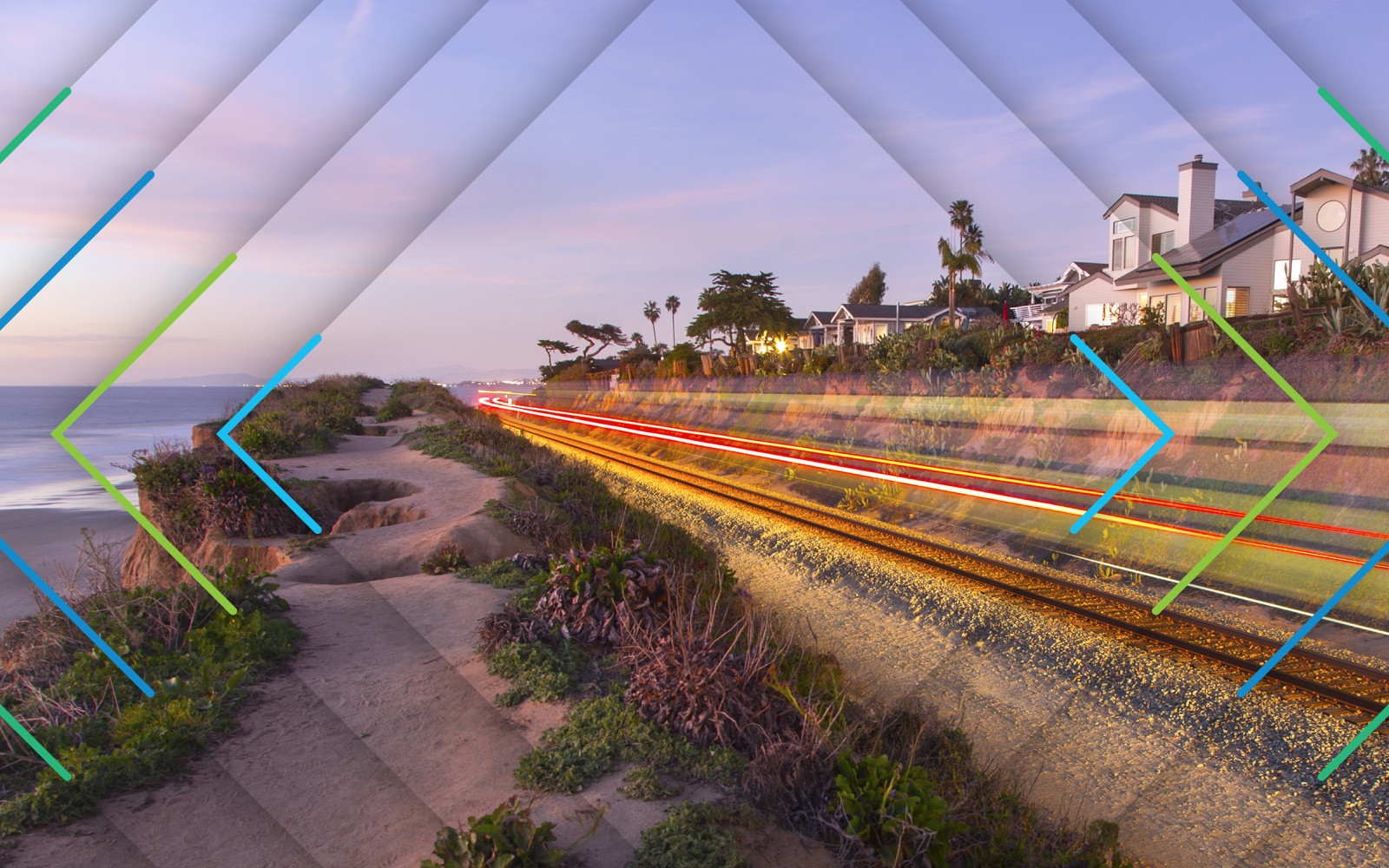 Photograph of blurred train moving along CA coast