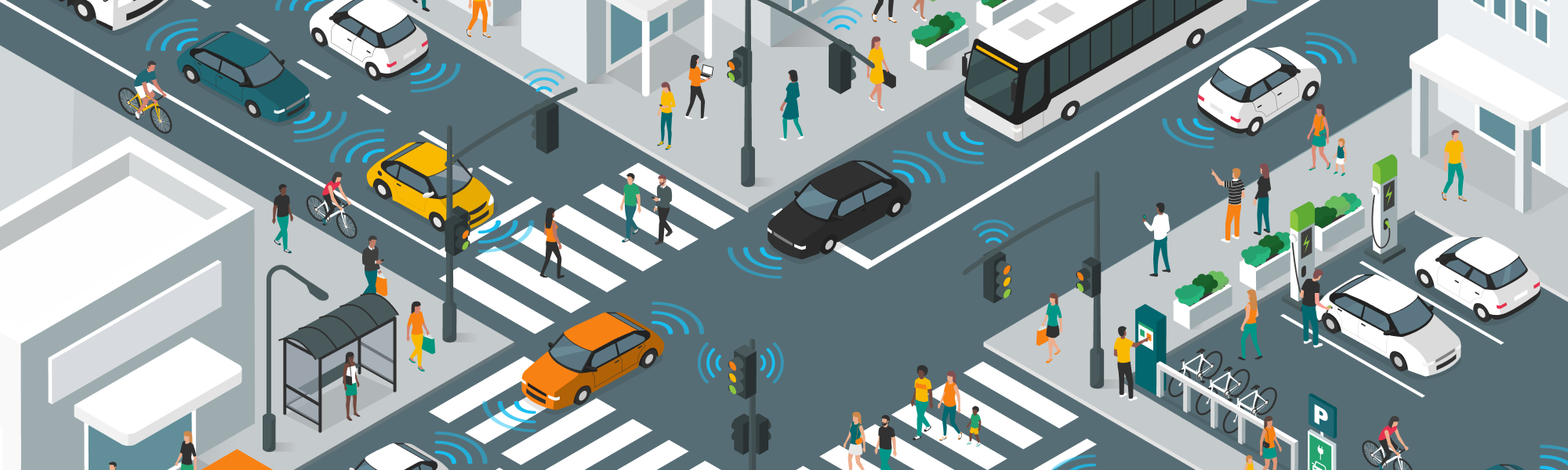 Illustration of busy city intersection with autonomous vehicles and pedestrians