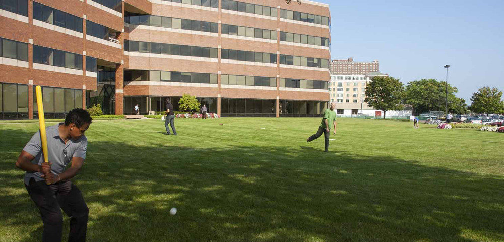 Cambridge office employees playing wiffle ball outside of 100 Cambridge Park Drive