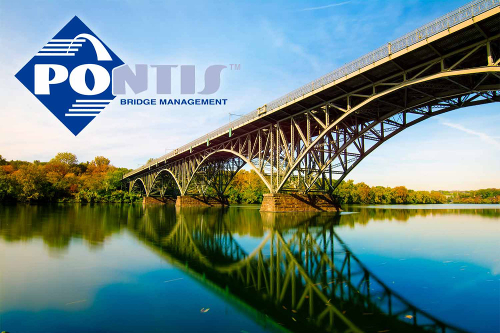 Image of the Strawberry Mansion bridge in Philadelphia with the Pontis Bridge Management logo over top