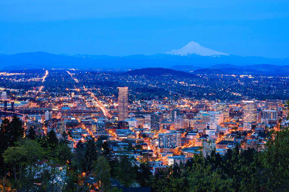 City lights in Portland, Oregon at dusk