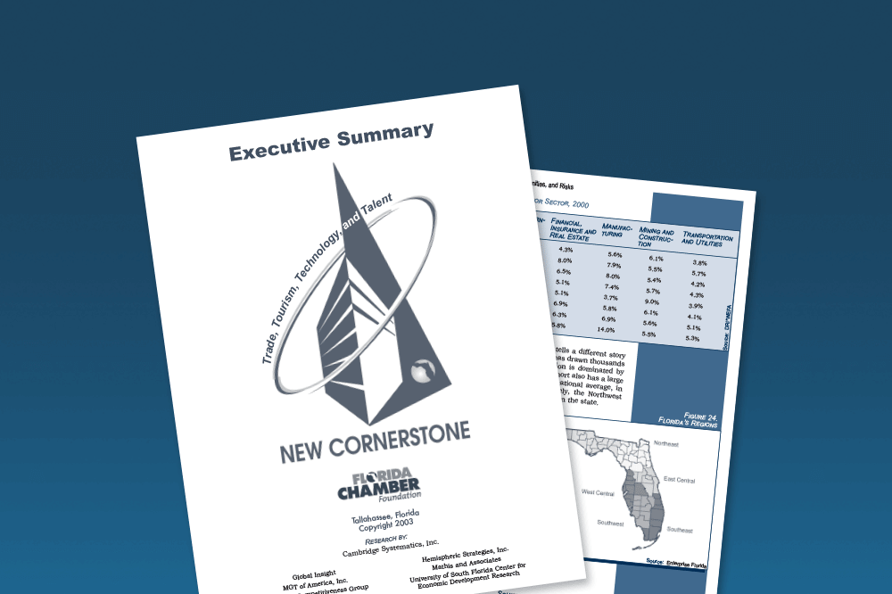 Cover and internal page from the Executive Summary of the New Cornerstone report for Florida Chamber of Commerce