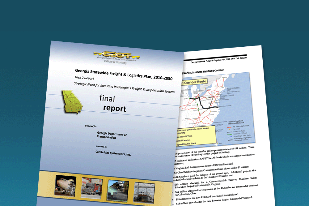 Cover and internal page from the Georgia Statewide Freight & Logistics Plan, 2010-2050