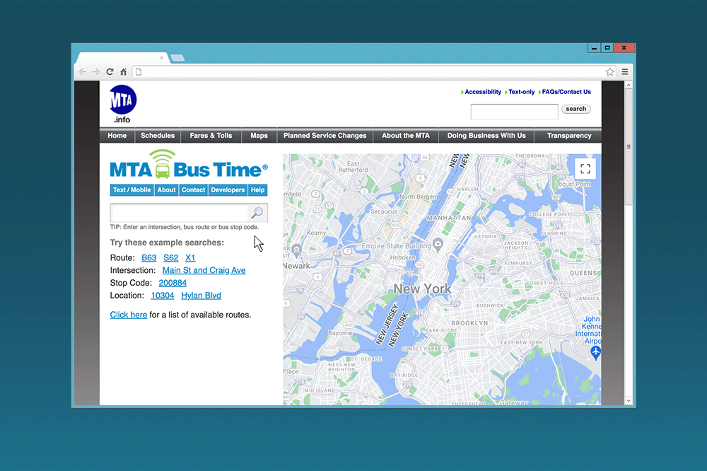 Screenshot of MTA Bus Time from 2012