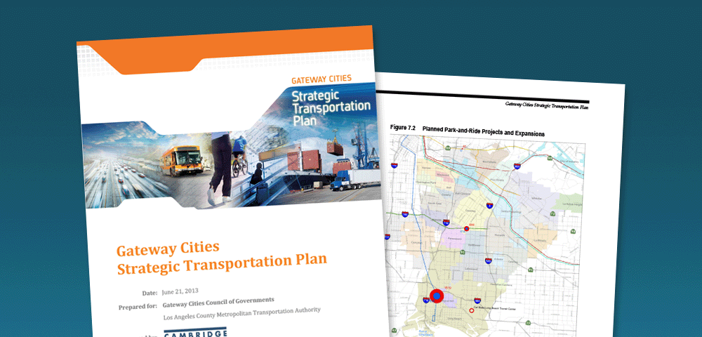 Cover and internal page from the Gateway Cities Strategic Transportation Plan, 2013